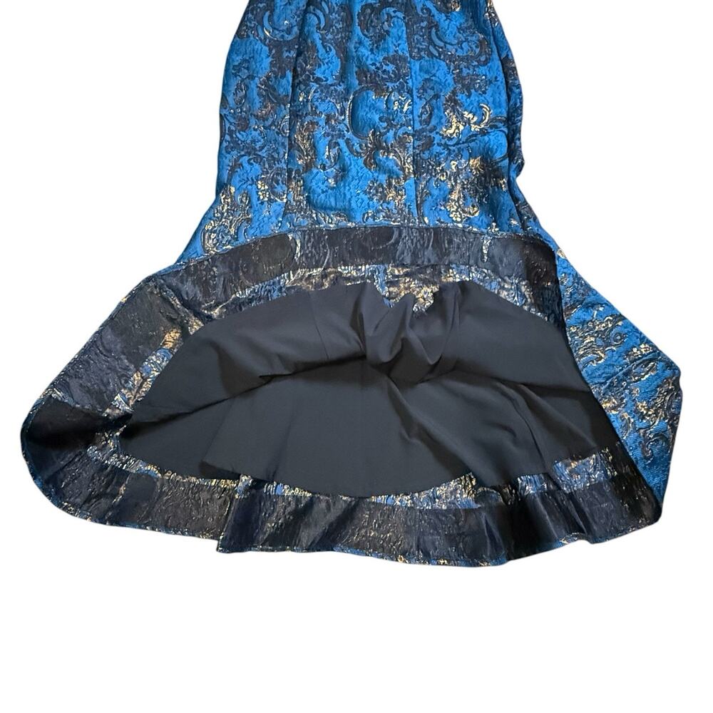 Badgley Mischka Puff-Sleeve Regal Brocade Blue & Metallic Gold Shirtdress Gown 8 - Picture 12 of 14